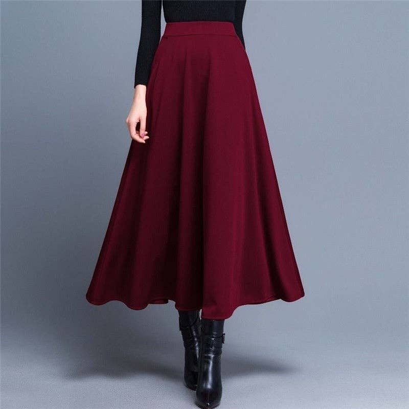 Elastic Waist Mid-Length A-Line Skirt: Burgundy / M