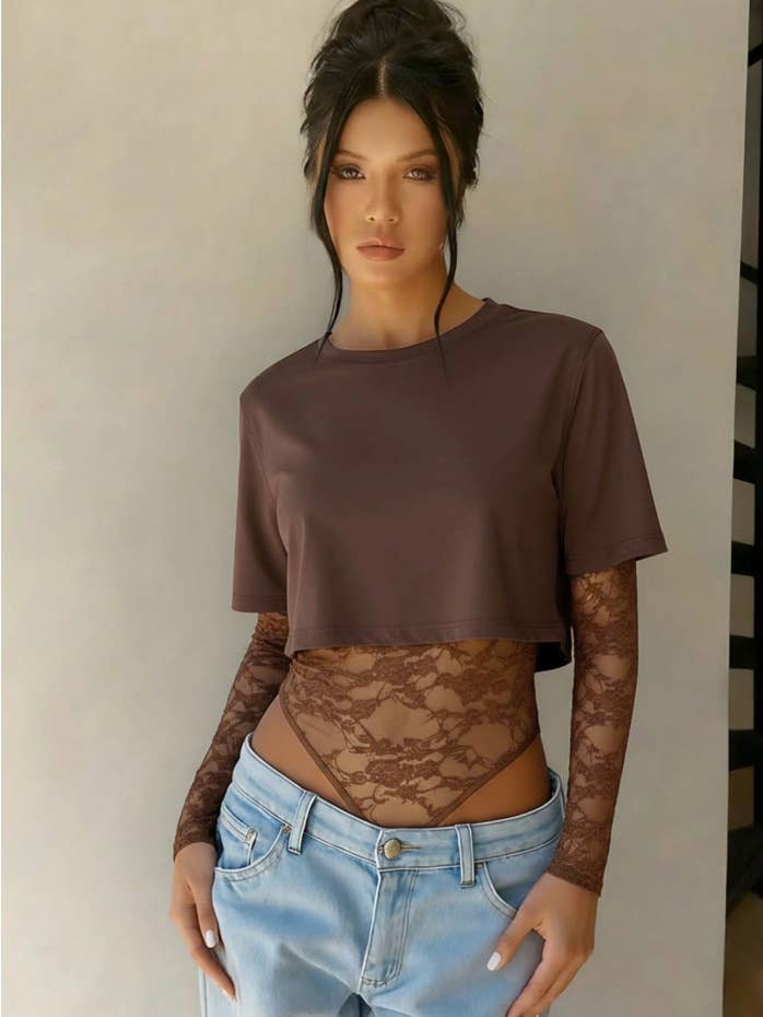 Short Sleeve Lace Patchwork Crop Bodysuit