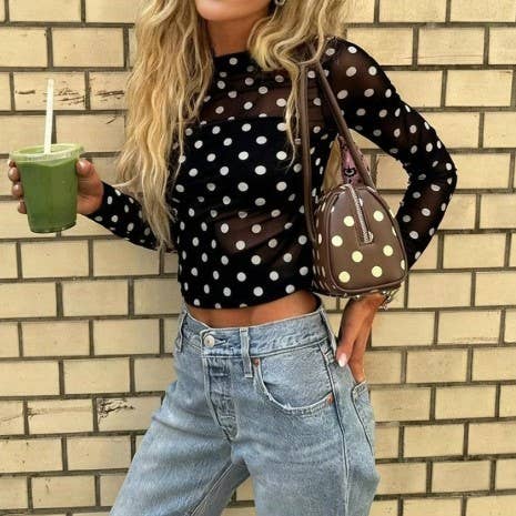 Elegant Sexy Mesh Classic Polka Dot Sheer Top
