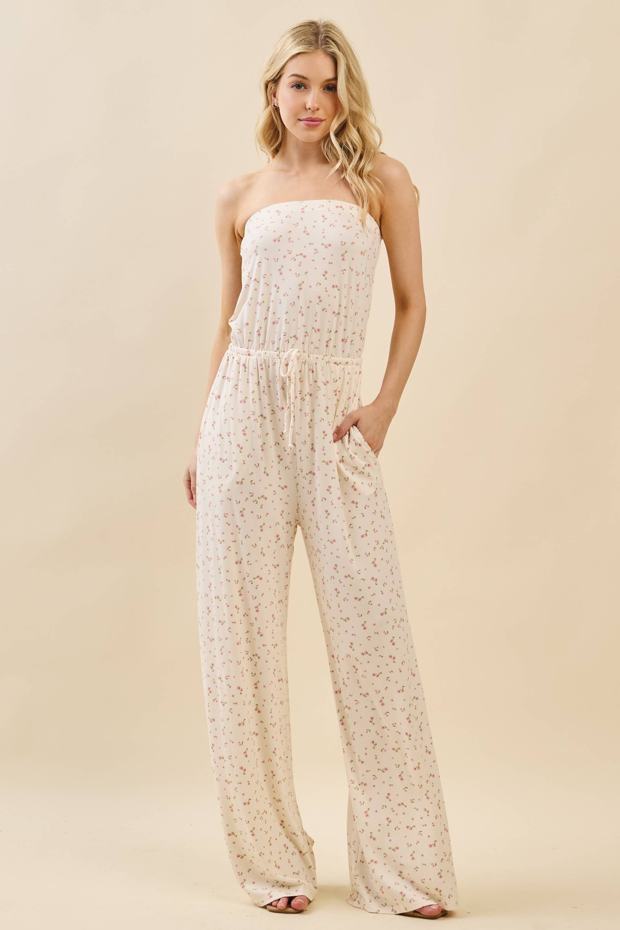 JR48904AP - PRINTED WIDE LEG TUBE TOP JUMPSUIT