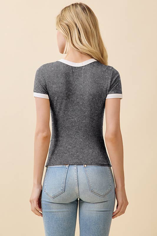 JT56633 - CREW NK CONTRAST BINDING RINGER SHORT SLV TOP