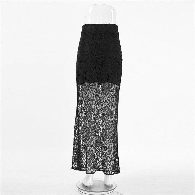 Elegant Lace Floral High-Waisted Midi Skirt: BLACK / S
