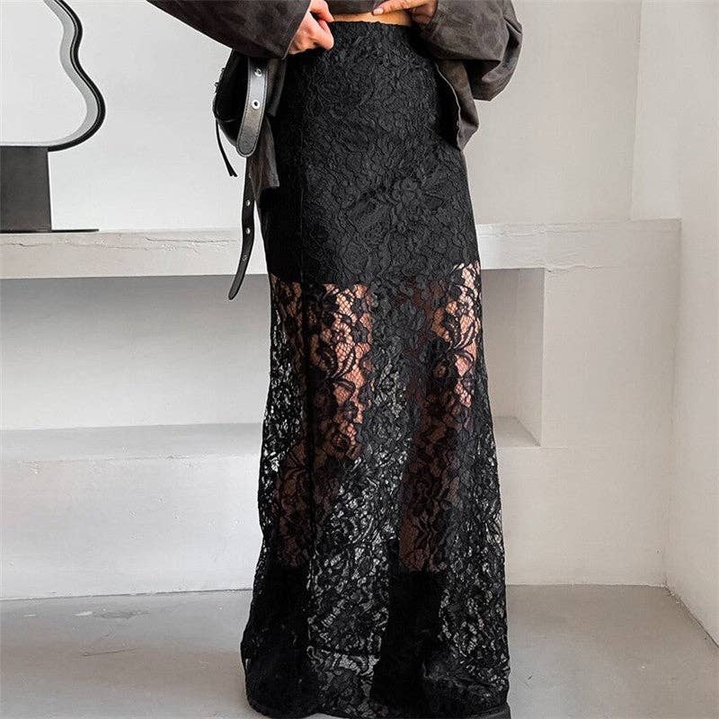 Elegant Lace Floral High-Waisted Midi Skirt: BLACK / S