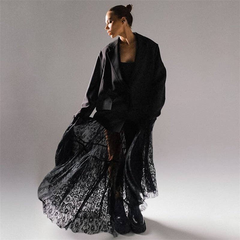 Black Lace High-Waisted Midi Skirt