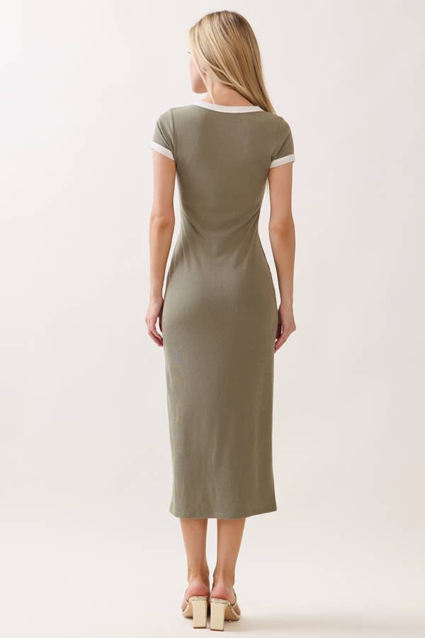 RD56653 - CONTRAST CREW NK BINDING MIDI DRESS