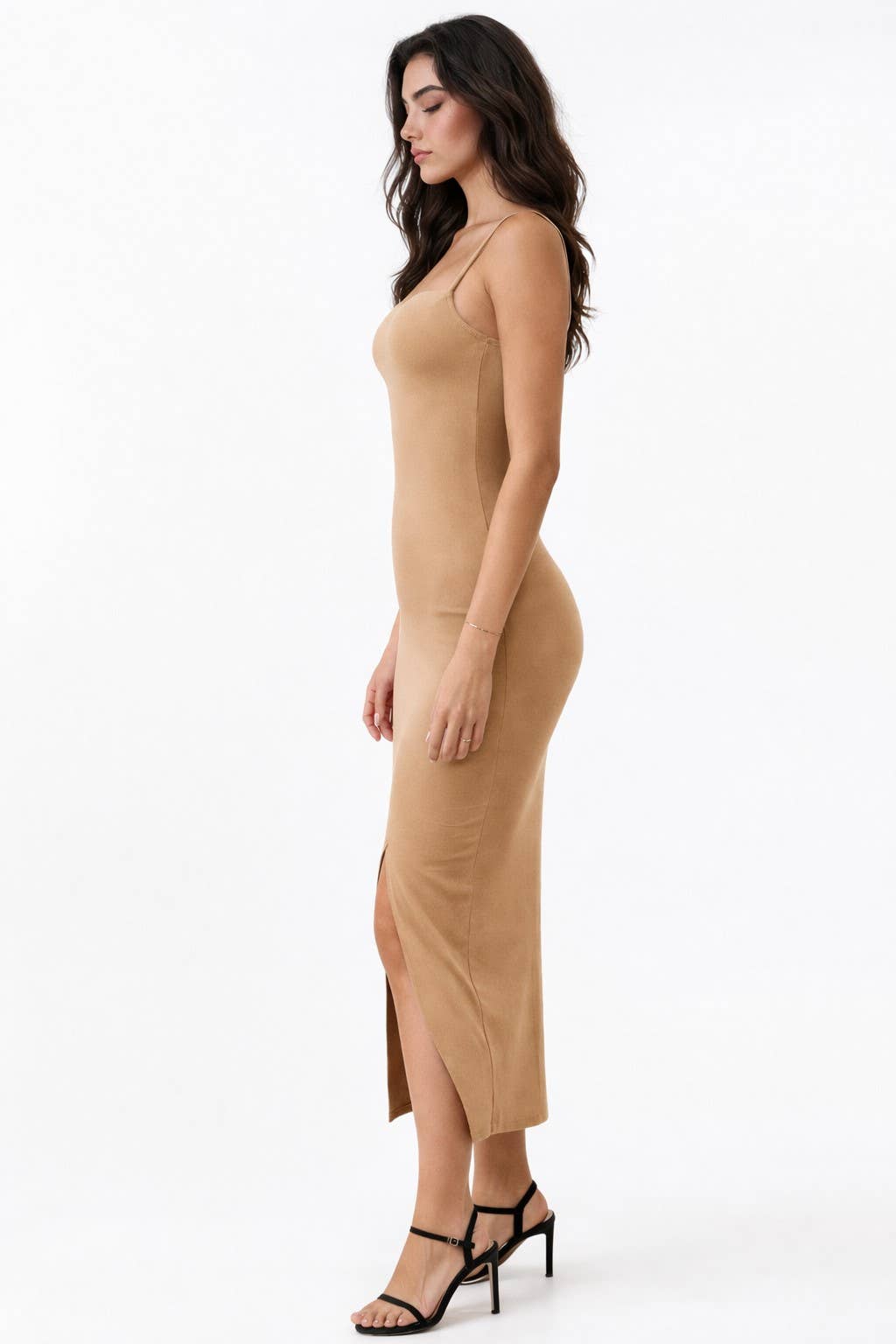 JD45766 - SQUARE NECK SLIT MAXI DRESS