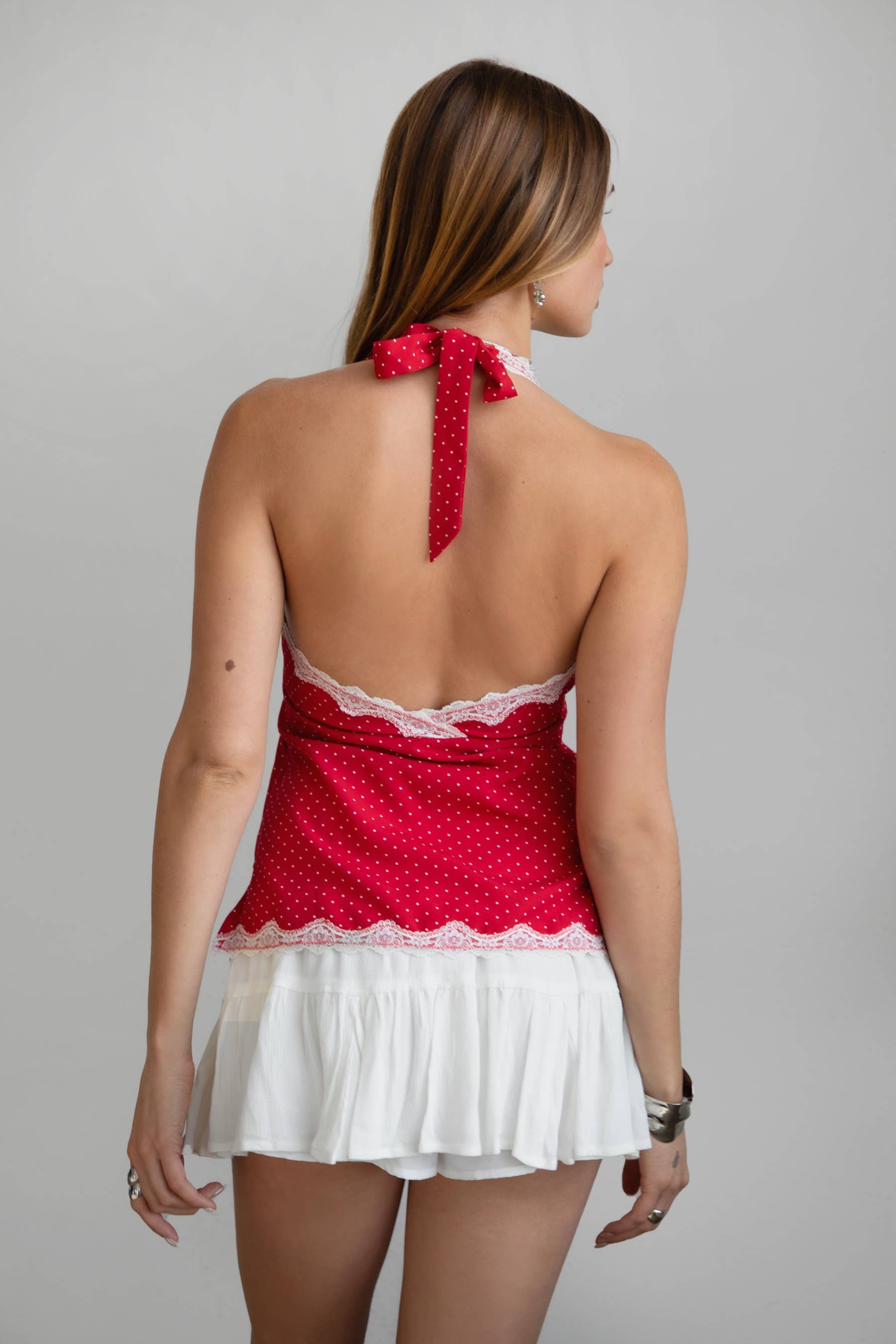 KACIE Polka Dot Contrast Lace Halter Top V Neckline