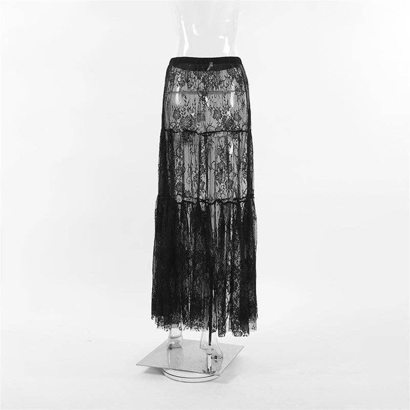 Black Lace High-Waisted Midi Skirt