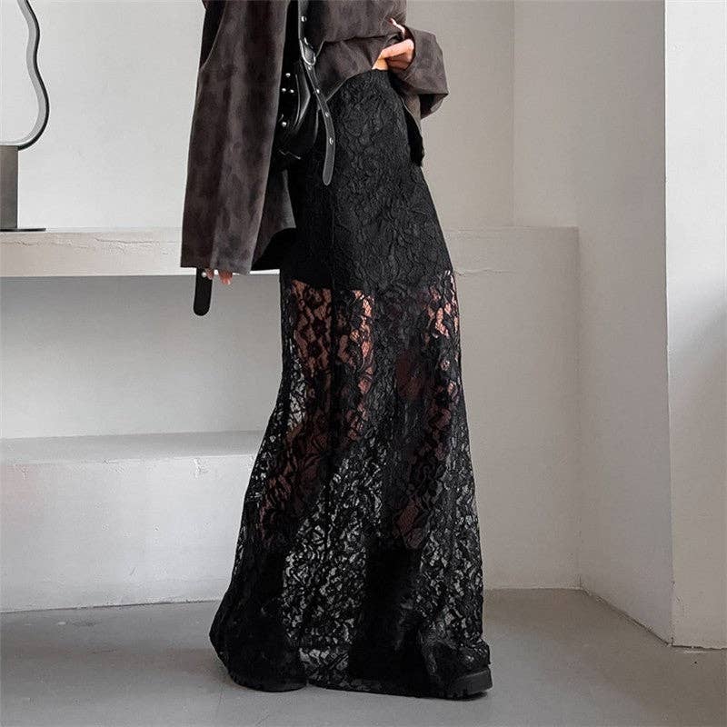 Elegant Lace Floral High-Waisted Midi Skirt: BLACK / S