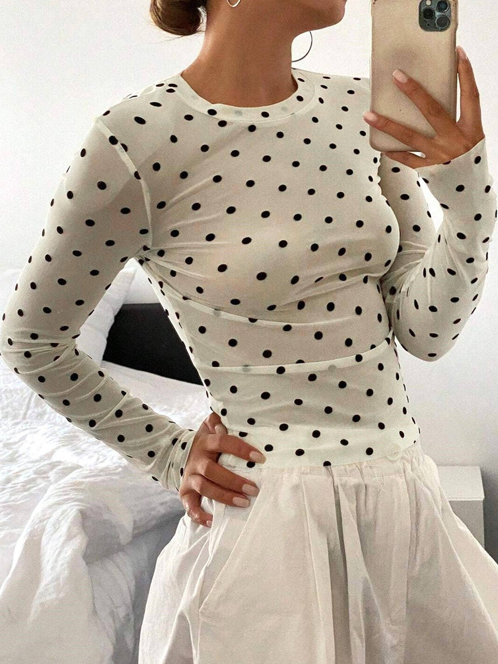 Retro Vibe Romance Polka Dots Sheer Mesh Blouse