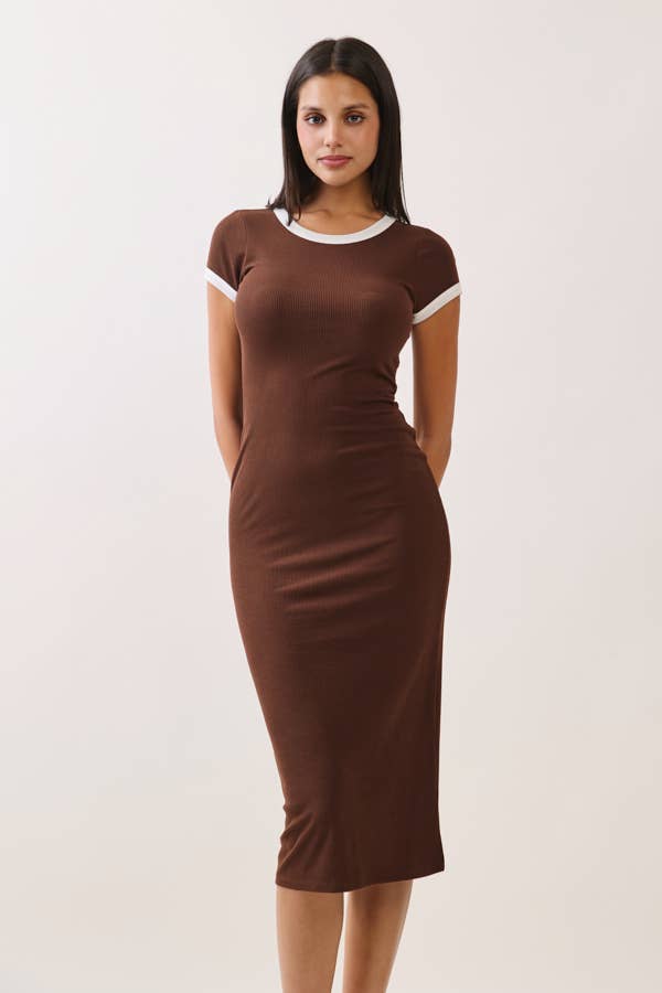 RD56653 - CONTRAST CREW NK BINDING MIDI DRESS