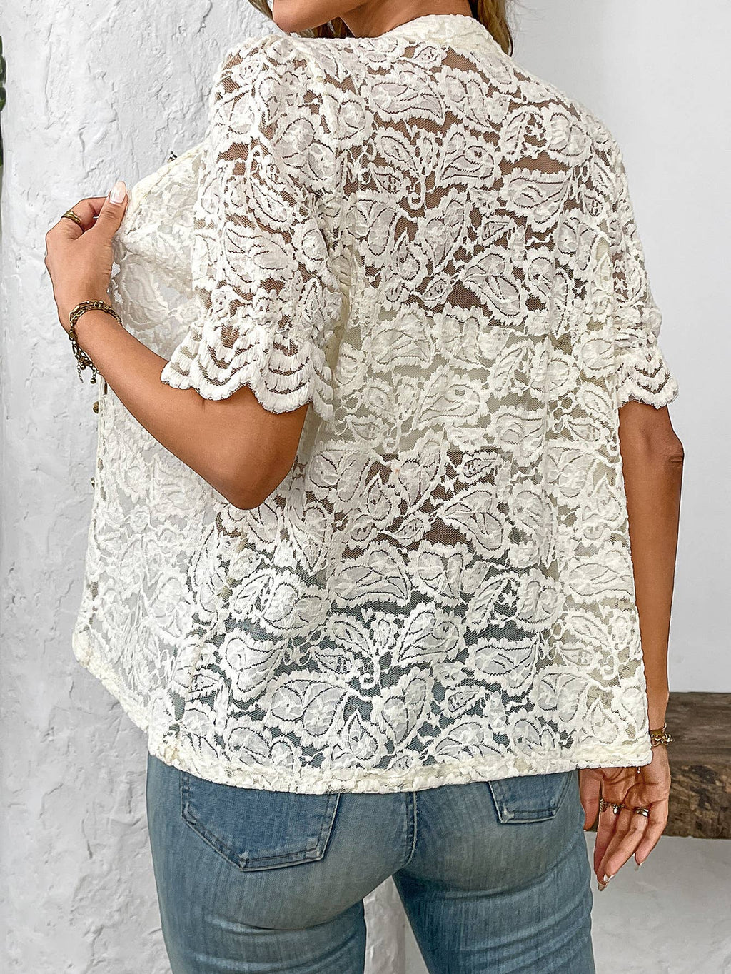 Short Sleeve Lace Button Down Blouse