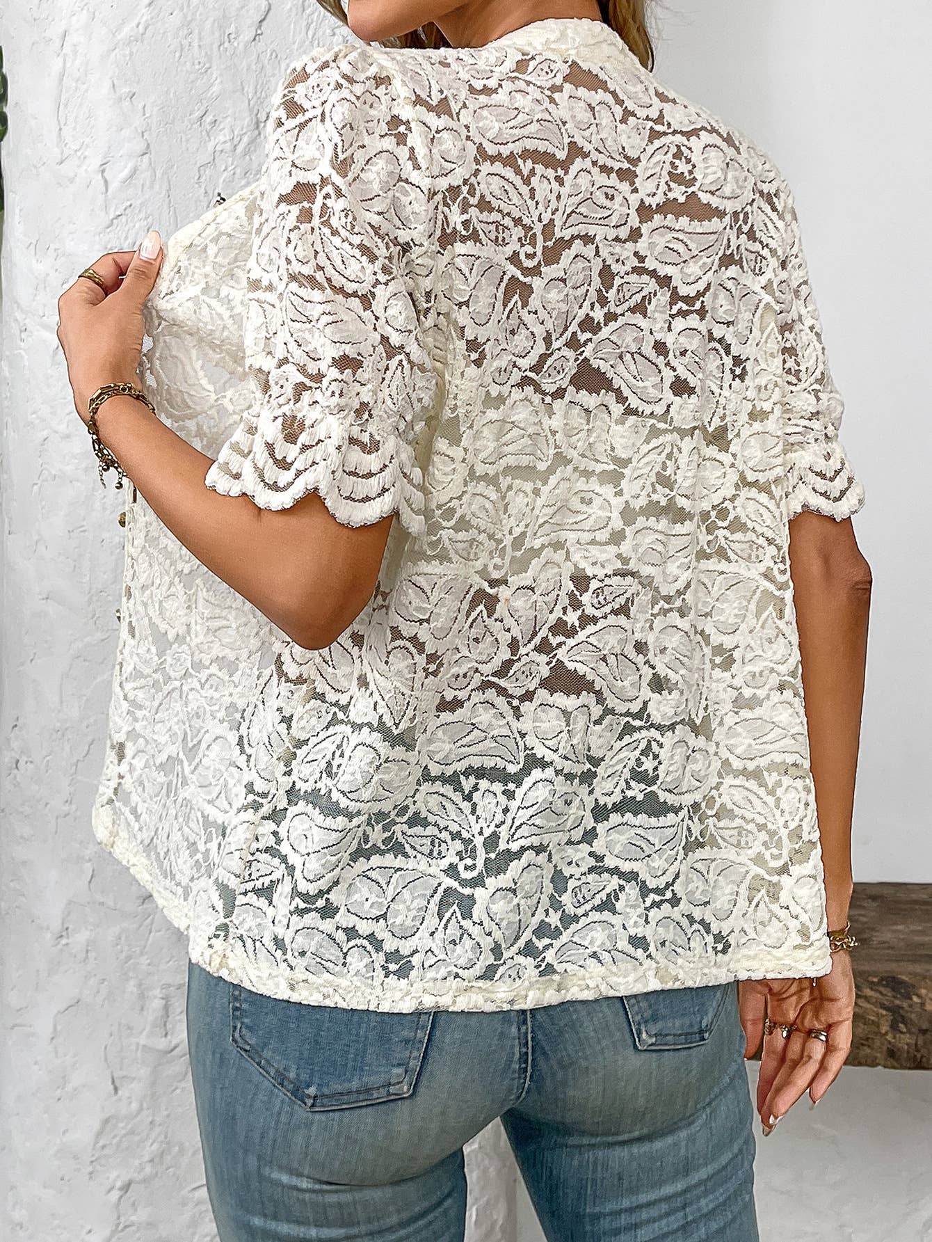 Short Sleeve Lace Button Down Blouse