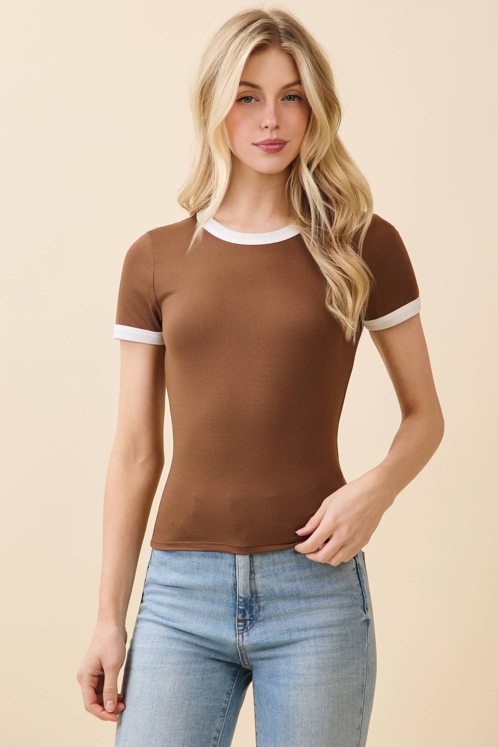 JT56633 - CREW NK CONTRAST BINDING RINGER SHORT SLV TOP