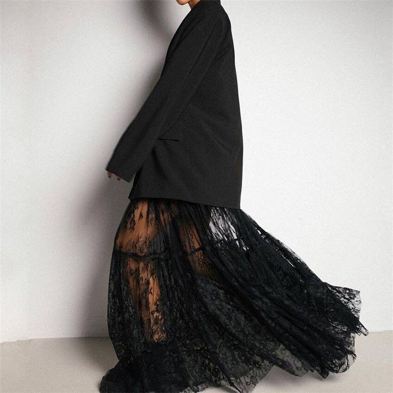 Black Lace High-Waisted Midi Skirt