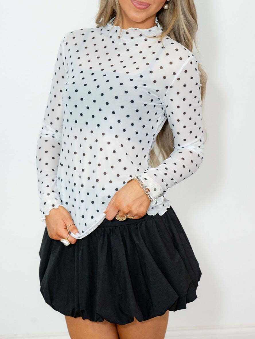 Polka dots ruffle trim mock neck sheer mesh top long sleeve