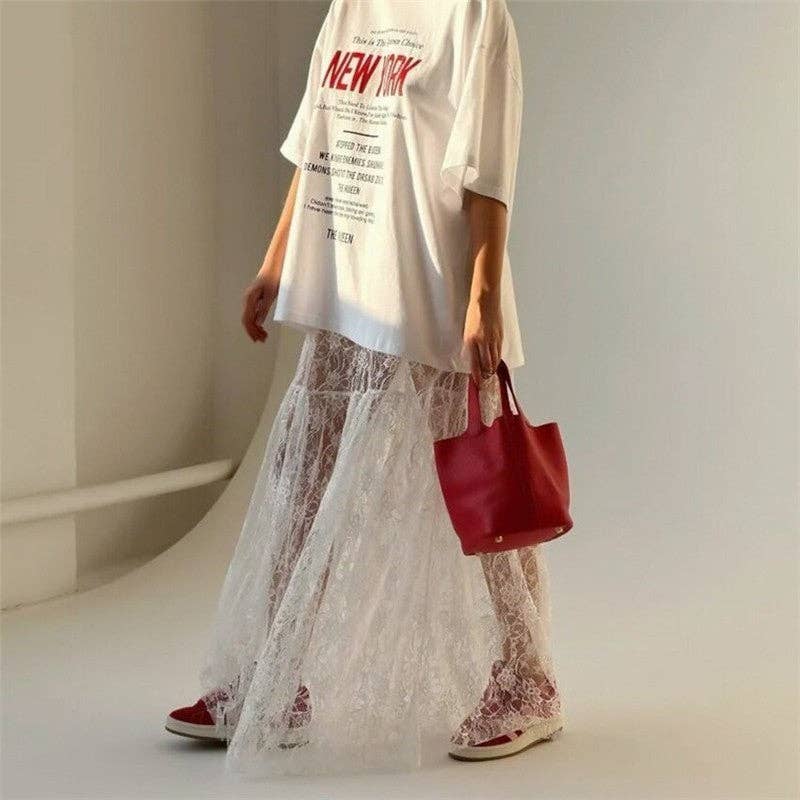 Elegant Lace Floral High-Waisted Midi Skirt