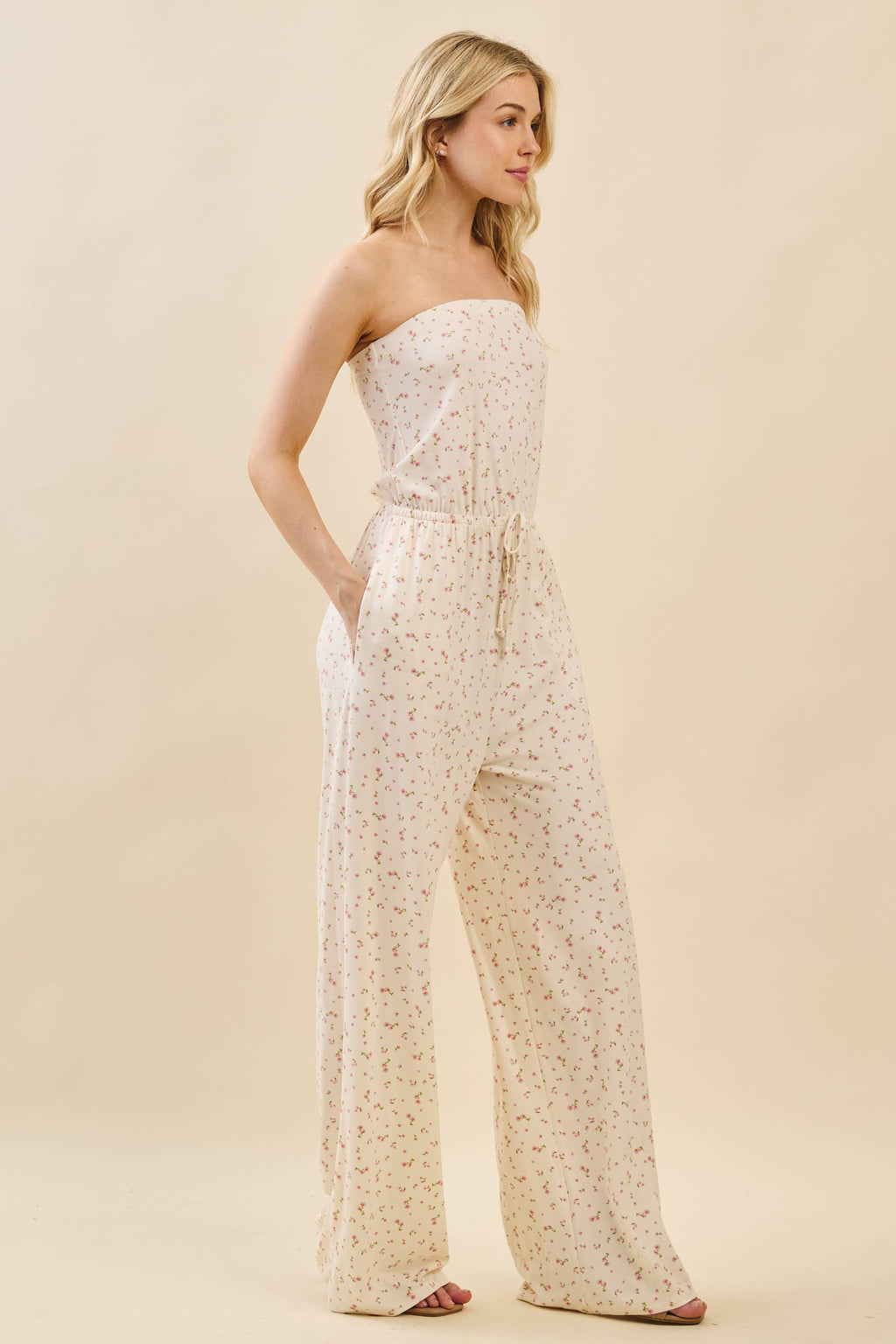 JR48904AP - PRINTED WIDE LEG TUBE TOP JUMPSUIT