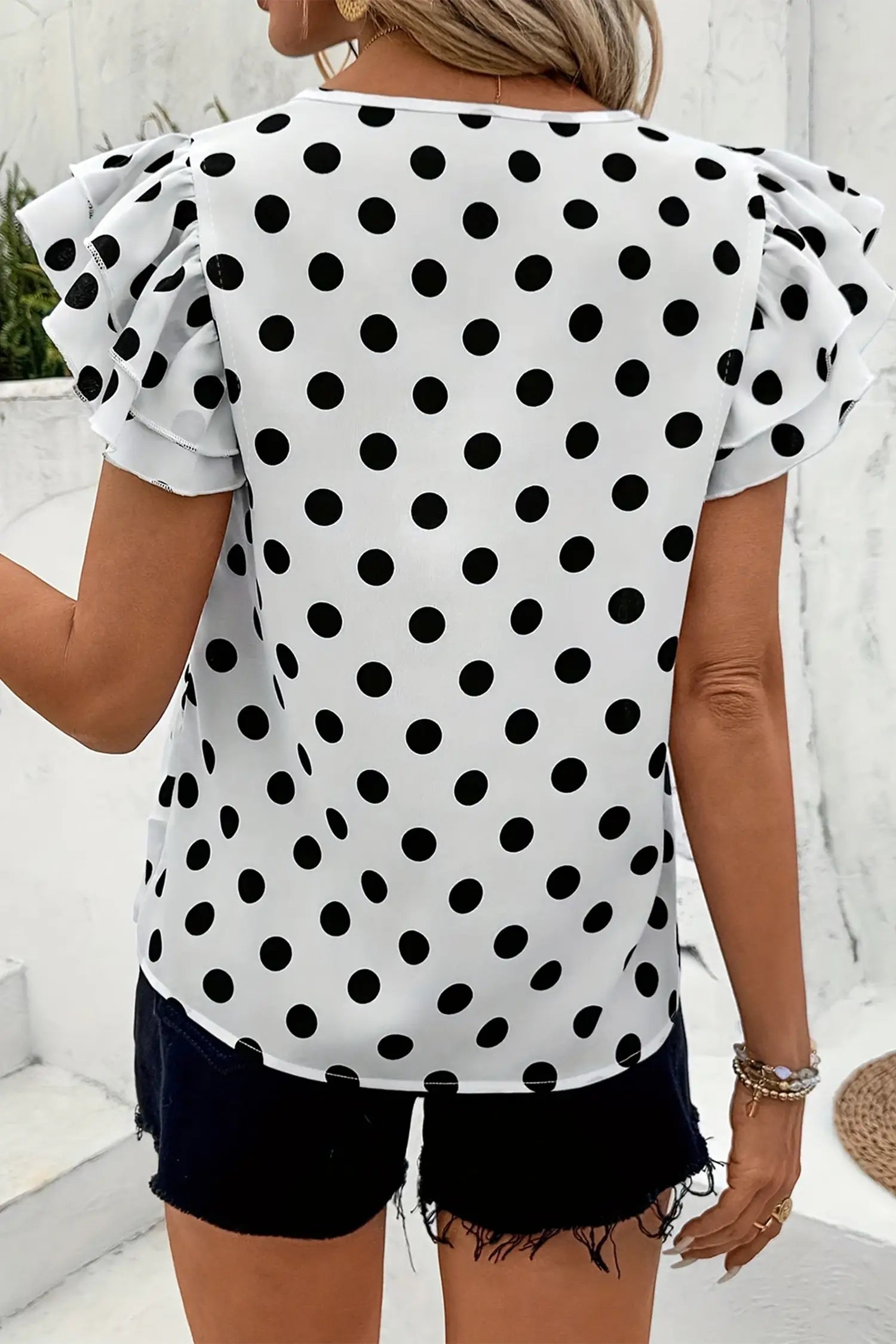 Polka Dot Print Ruffled Short Sleeve Blouse