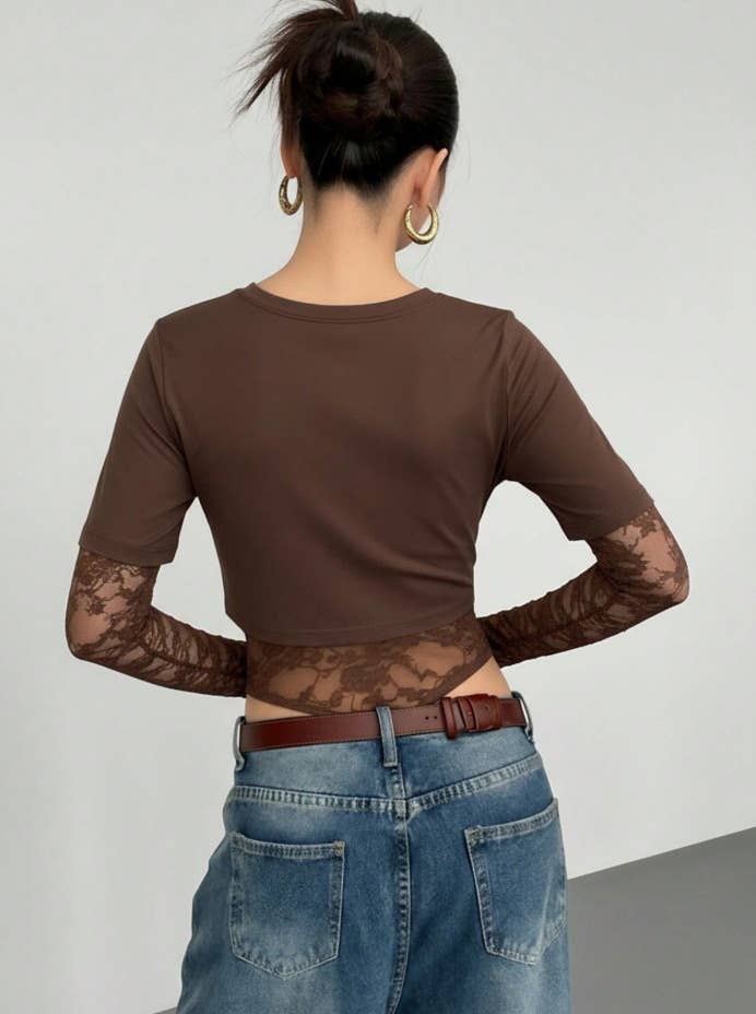 Short Sleeve Lace Patchwork Crop Bodysuit