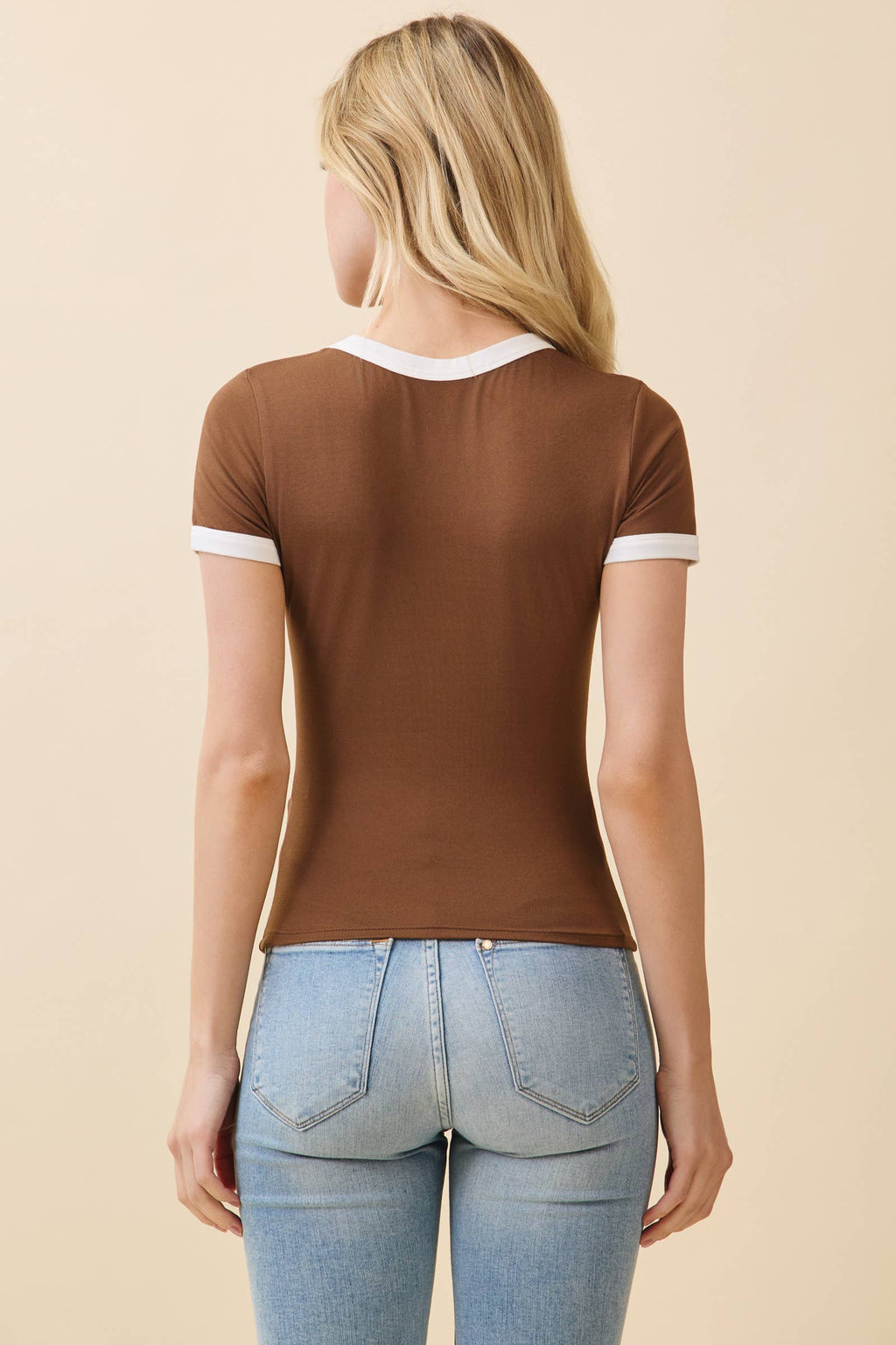 JT56633 - CREW NK CONTRAST BINDING RINGER SHORT SLV TOP