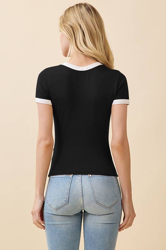 JT56633 - CREW NK CONTRAST BINDING RINGER SHORT SLV TOP