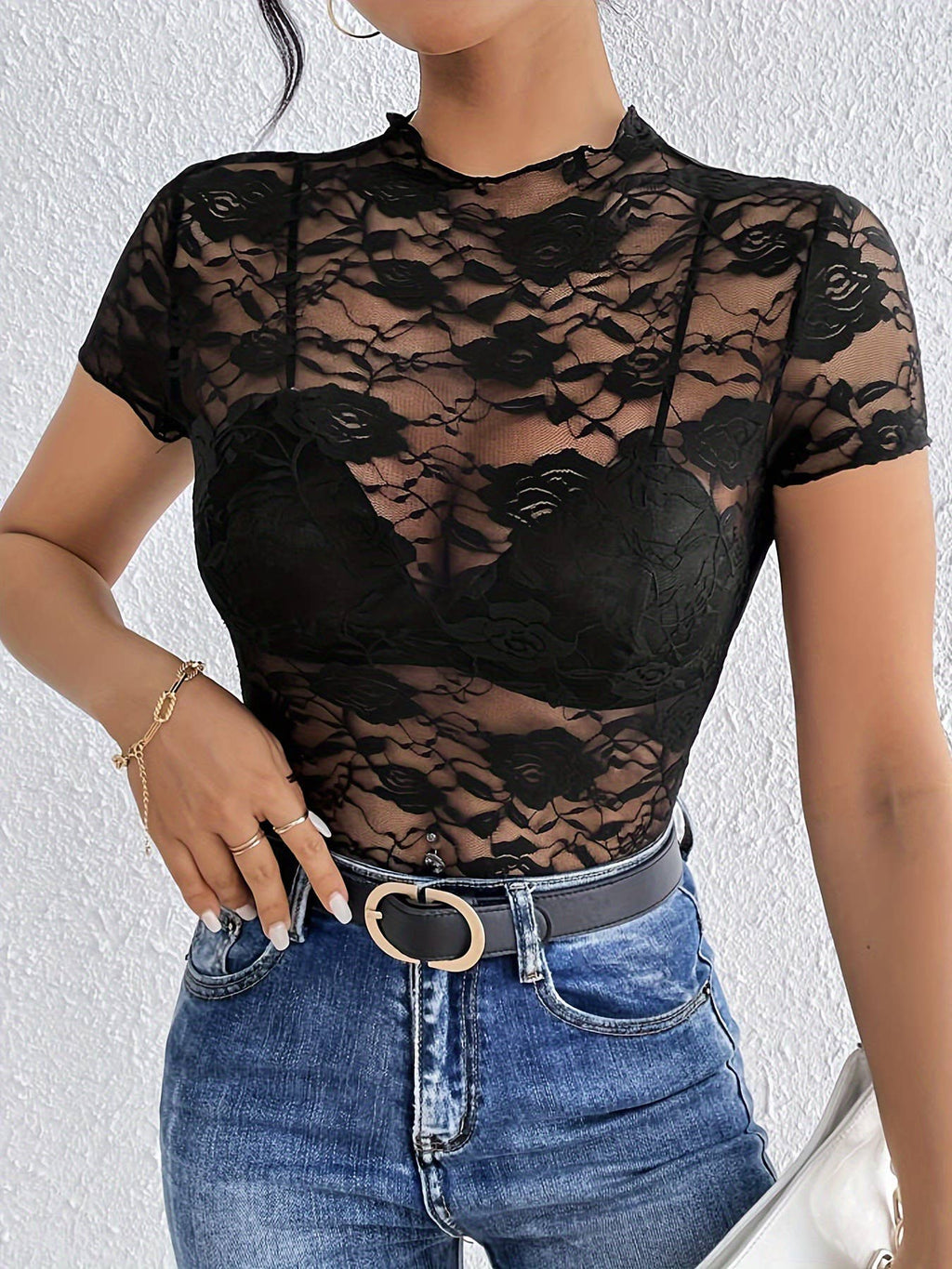 Women's Lace Trim Mock Neck Slim Fit Top