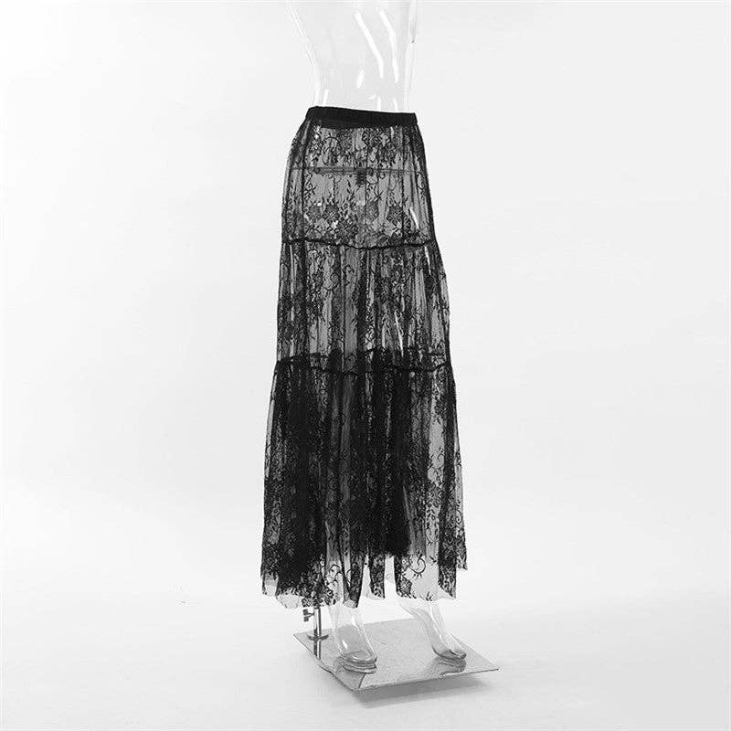 Black Lace High-Waisted Midi Skirt