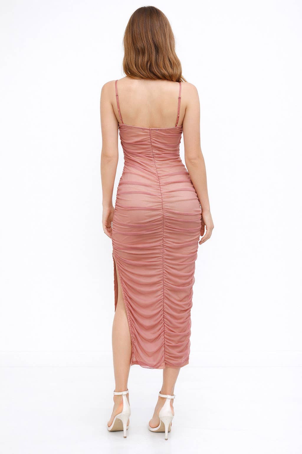 LD57086 -  ELASTIC STRAP MIDI RUCHED DRESS WITH SIDE SLIT