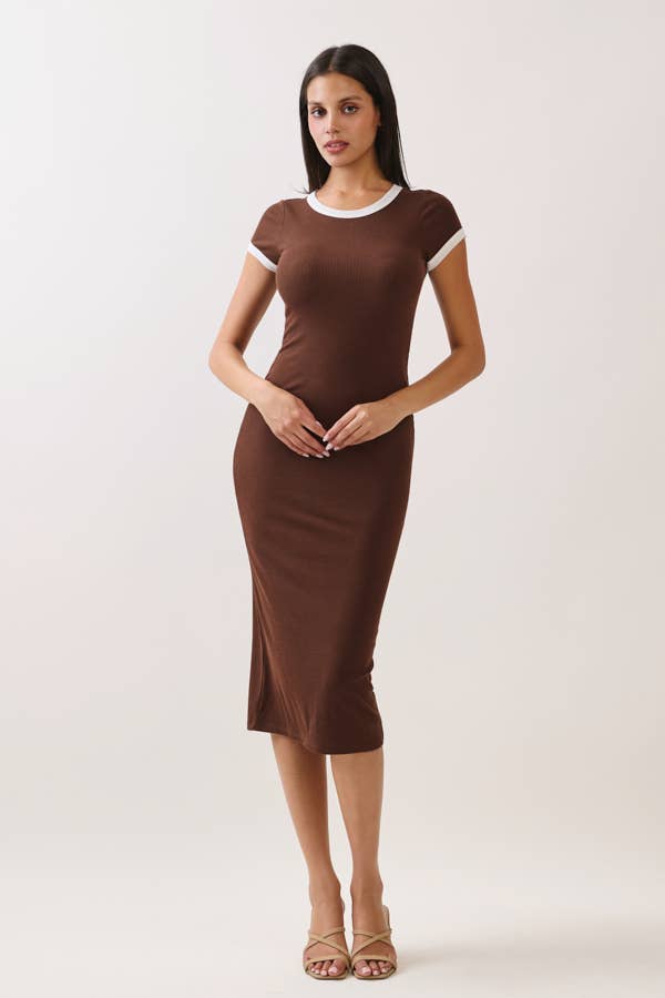 RD56653 - CONTRAST CREW NK BINDING MIDI DRESS