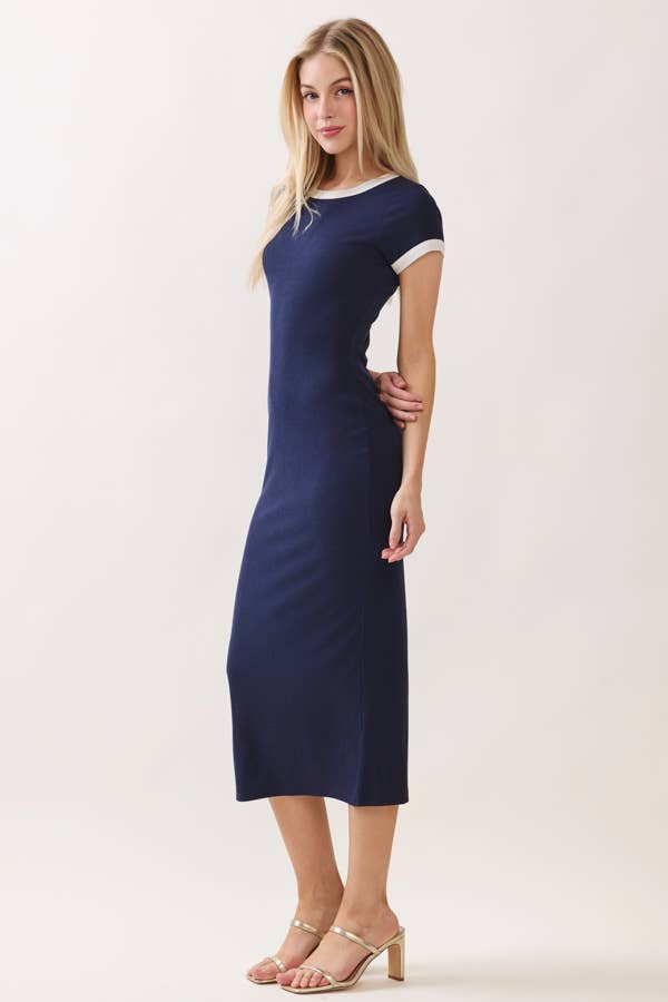 RD56653 - CONTRAST CREW NK BINDING MIDI DRESS
