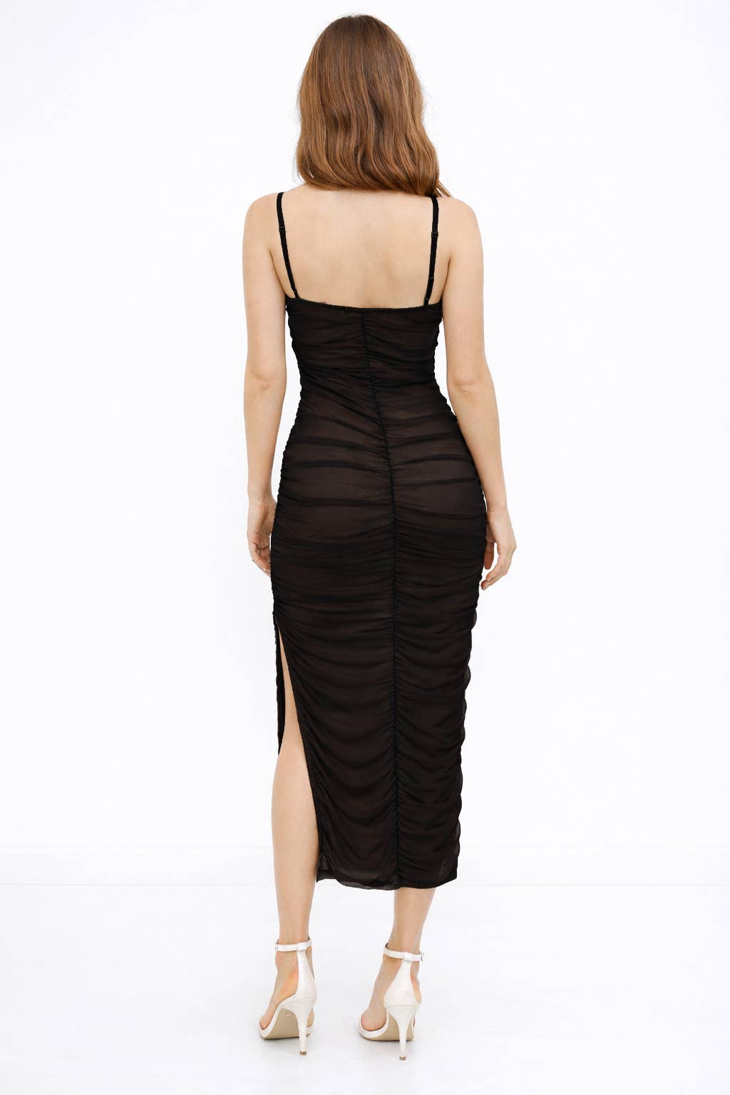 LD57086 -  ELASTIC STRAP MIDI RUCHED DRESS WITH SIDE SLIT