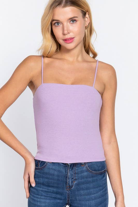 Straight Neck Two Ply Rib Knit Cami Top: Brn-Silt Brown / M