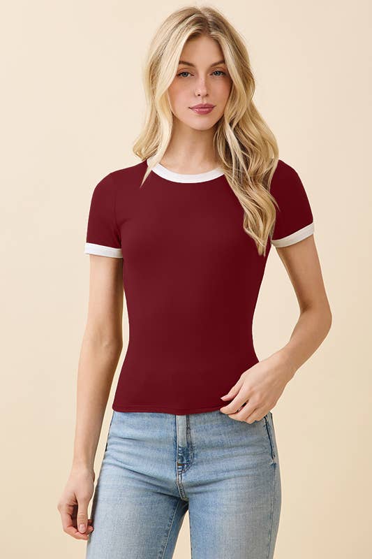 JT56633 - CREW NK CONTRAST BINDING RINGER SHORT SLV TOP