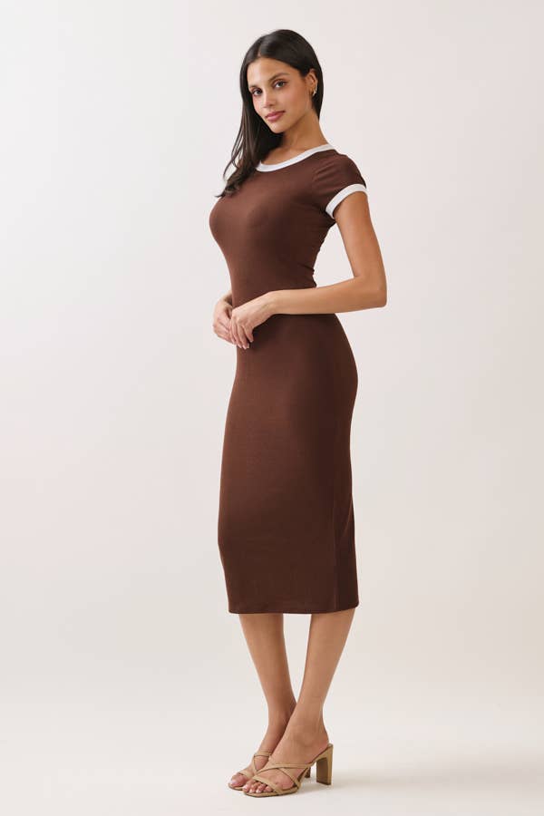 RD56653 - CONTRAST CREW NK BINDING MIDI DRESS