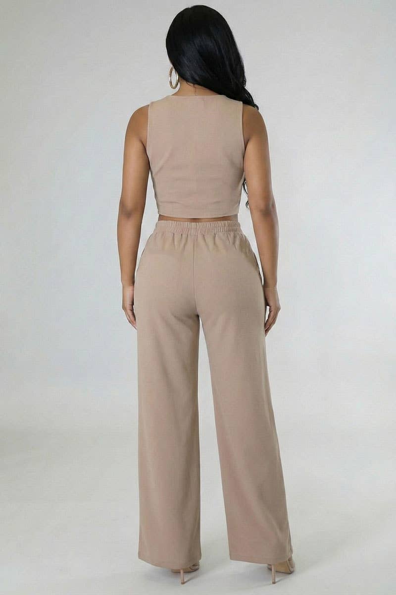 Scoop Neck Button Vest & Wide Leg Pants Set