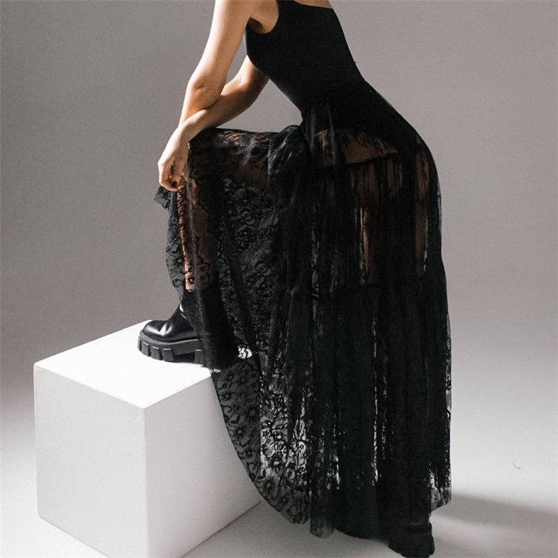 Black Lace High-Waisted Midi Skirt