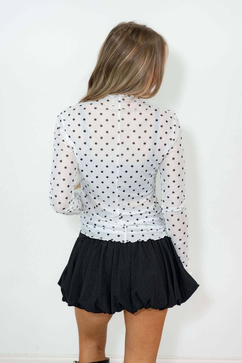 Polka dots ruffle trim mock neck sheer mesh top long sleeve