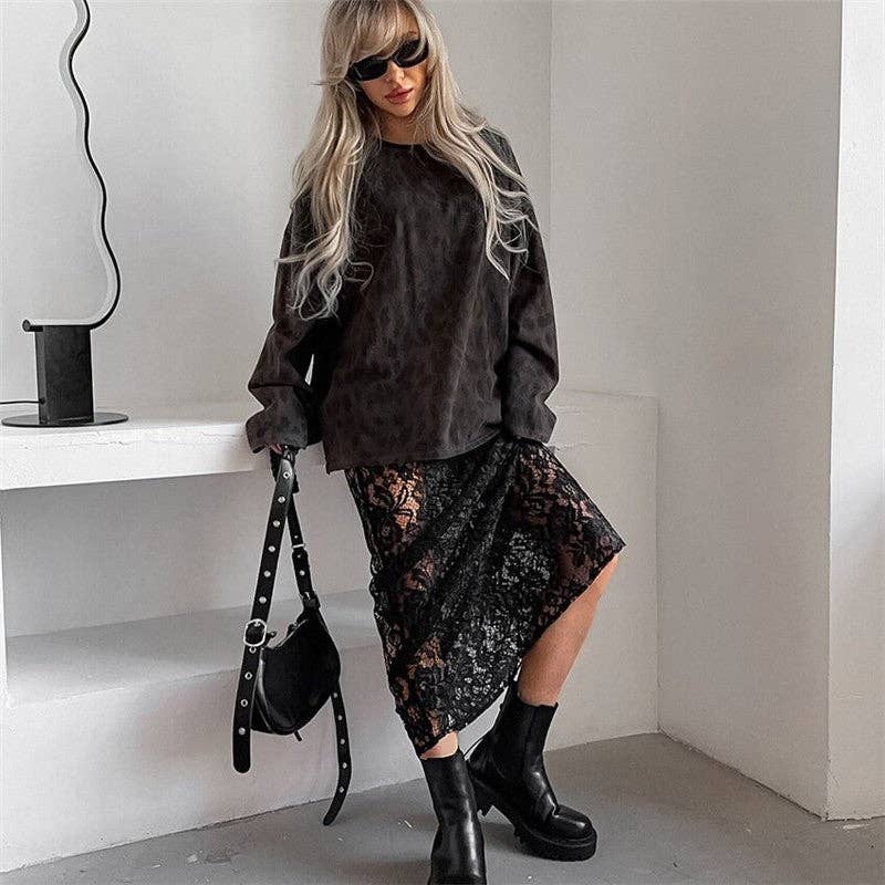 Elegant Lace Floral High-Waisted Midi Skirt: BLACK / S