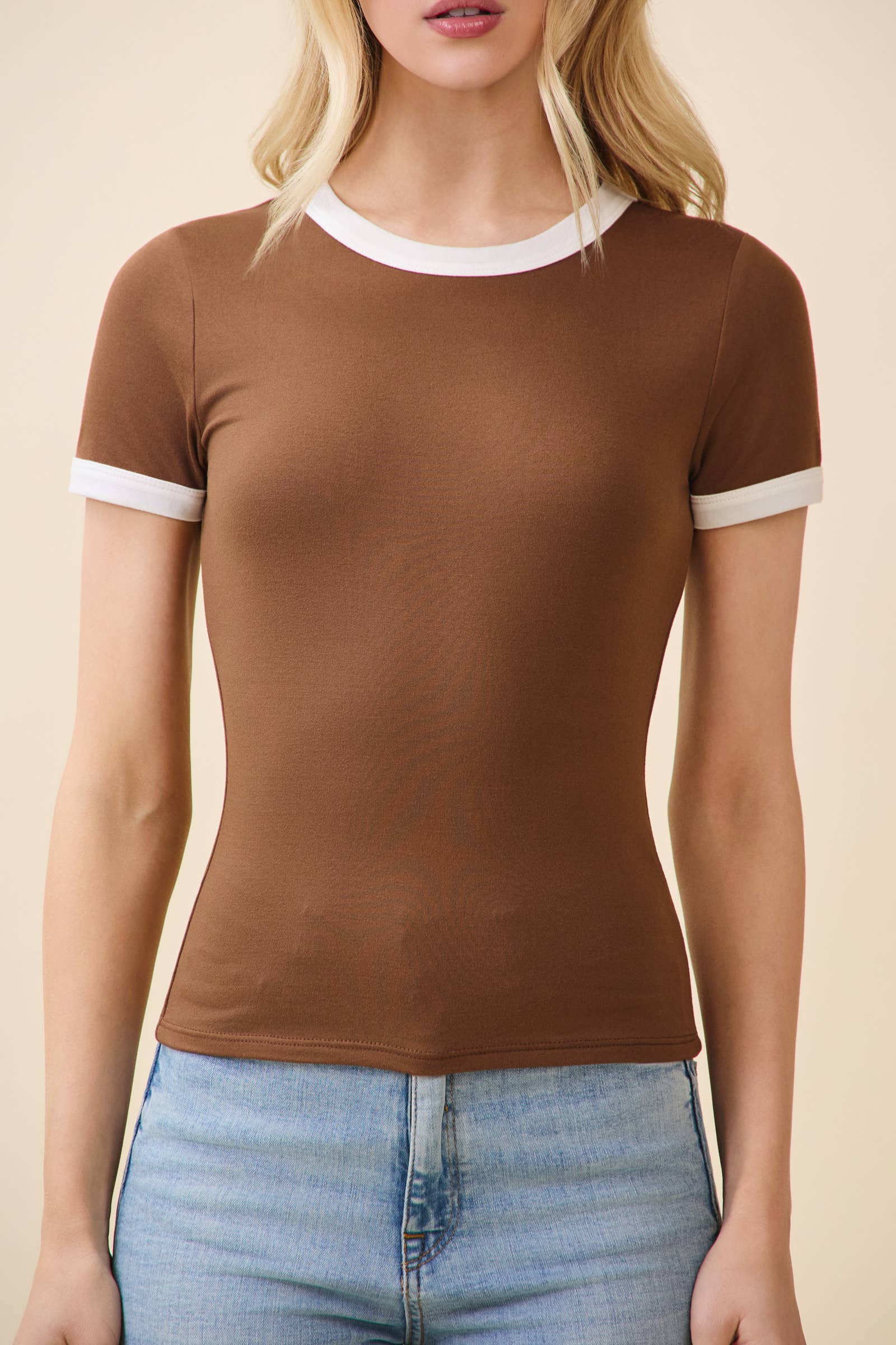 JT56633 - CREW NK CONTRAST BINDING RINGER SHORT SLV TOP