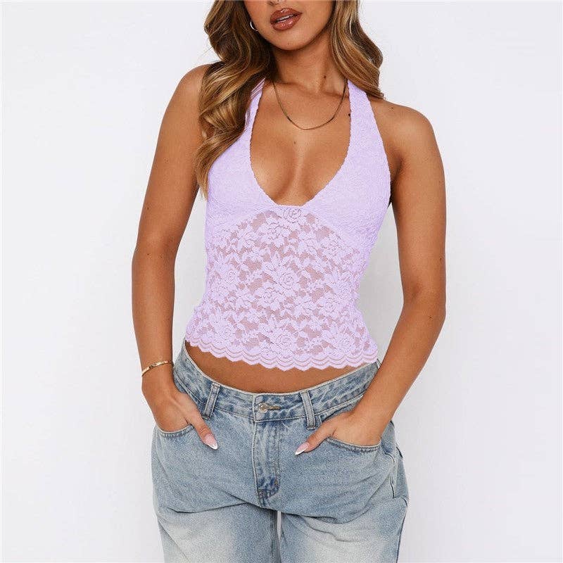 Hollow Lace Slim Fit Halter Neck Tank Top: BLACK / S