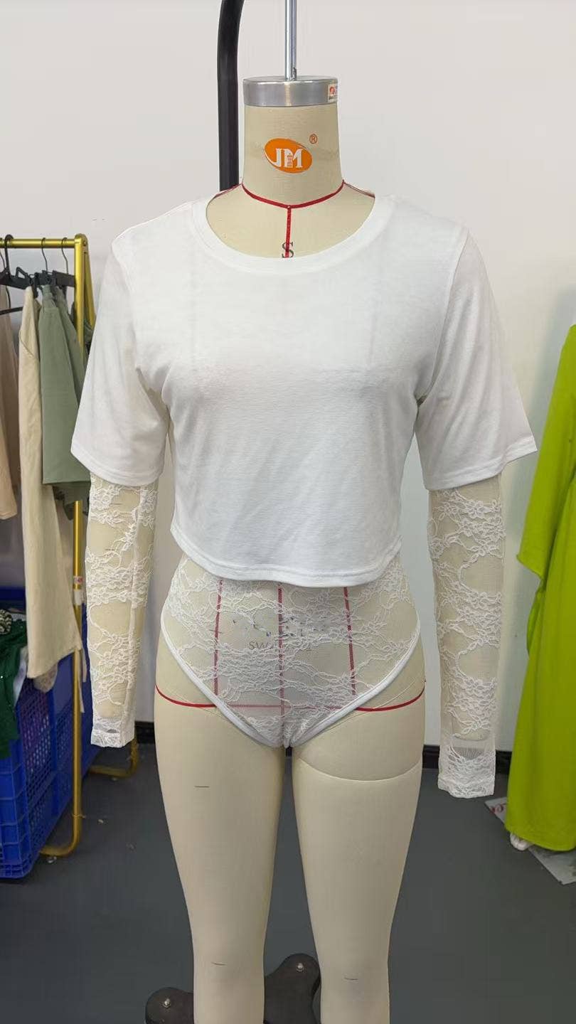Short Sleeve Lace Patchwork Crop Bodysuit