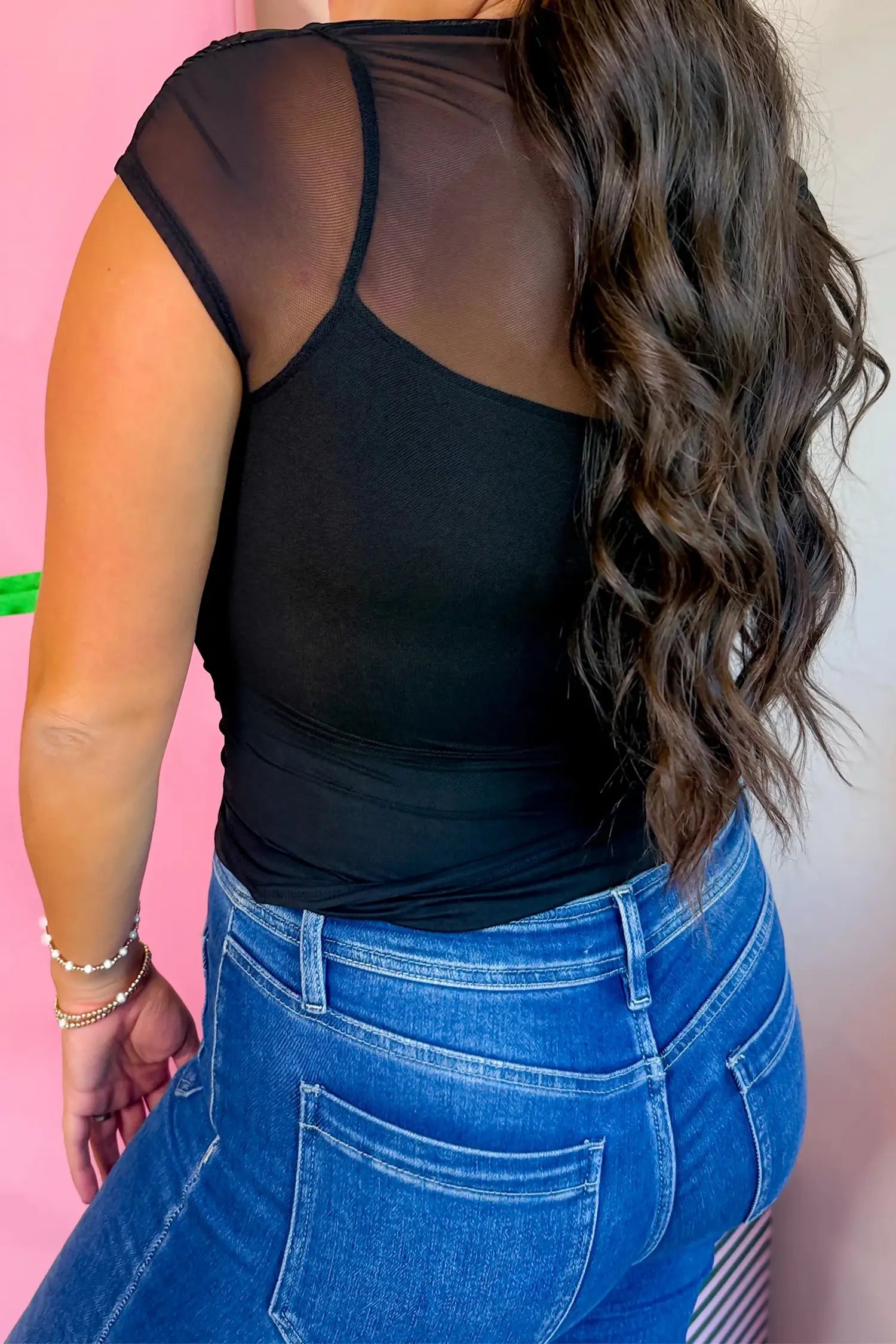 Sheer Mesh Patchwork Cap Sleeve T Shirt