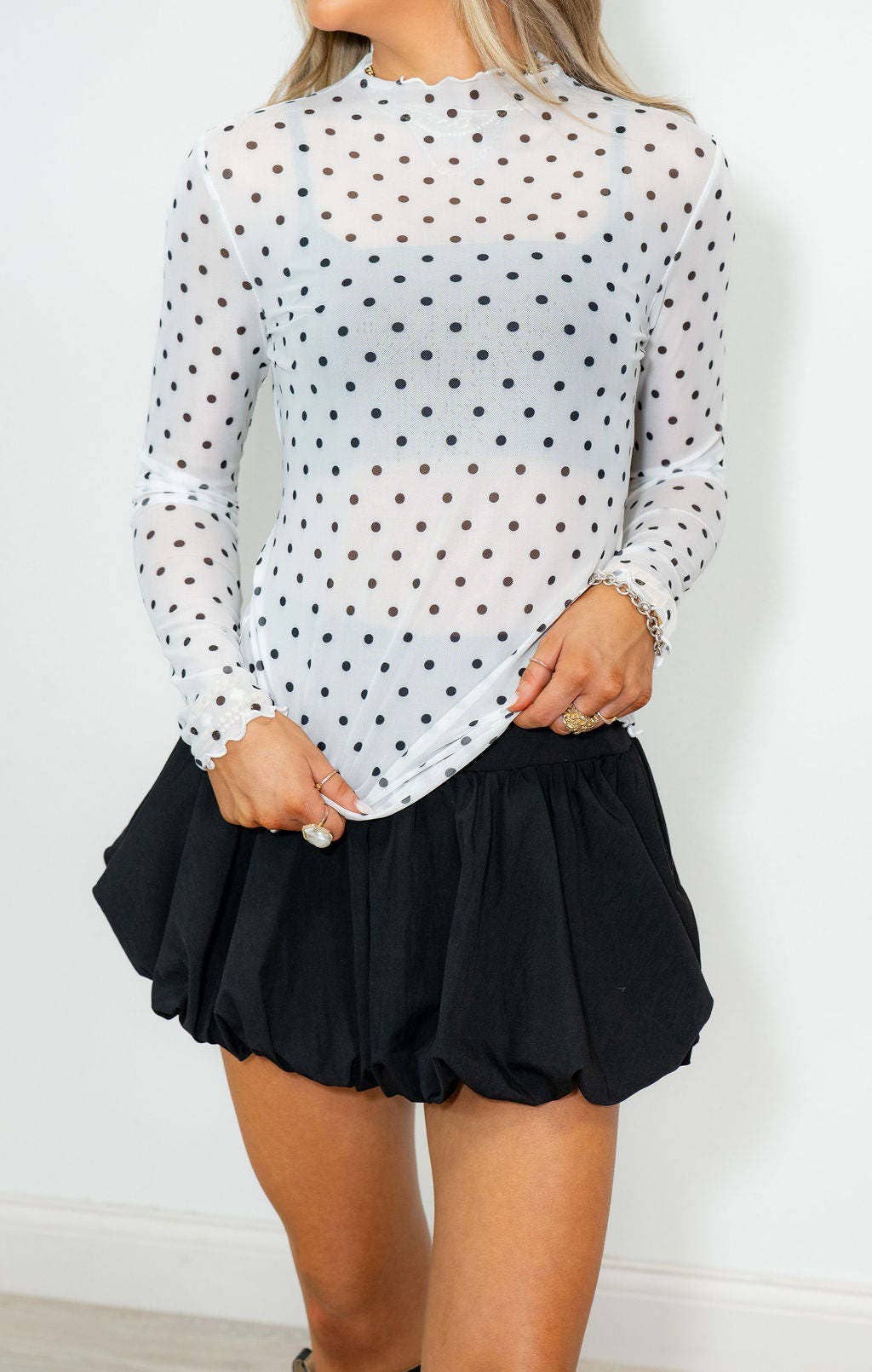 Polka dots ruffle trim mock neck sheer mesh top long sleeve