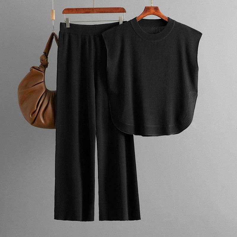 Solid Color Sleeveless Knit Top Wide Leg Pants Set