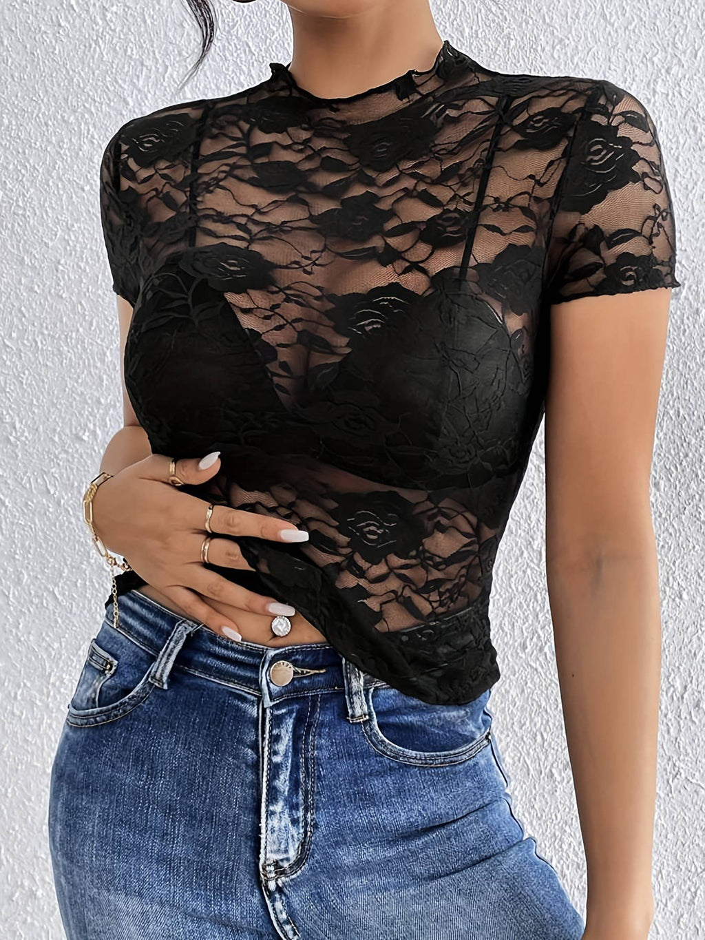 Women's Lace Trim Mock Neck Slim Fit Top