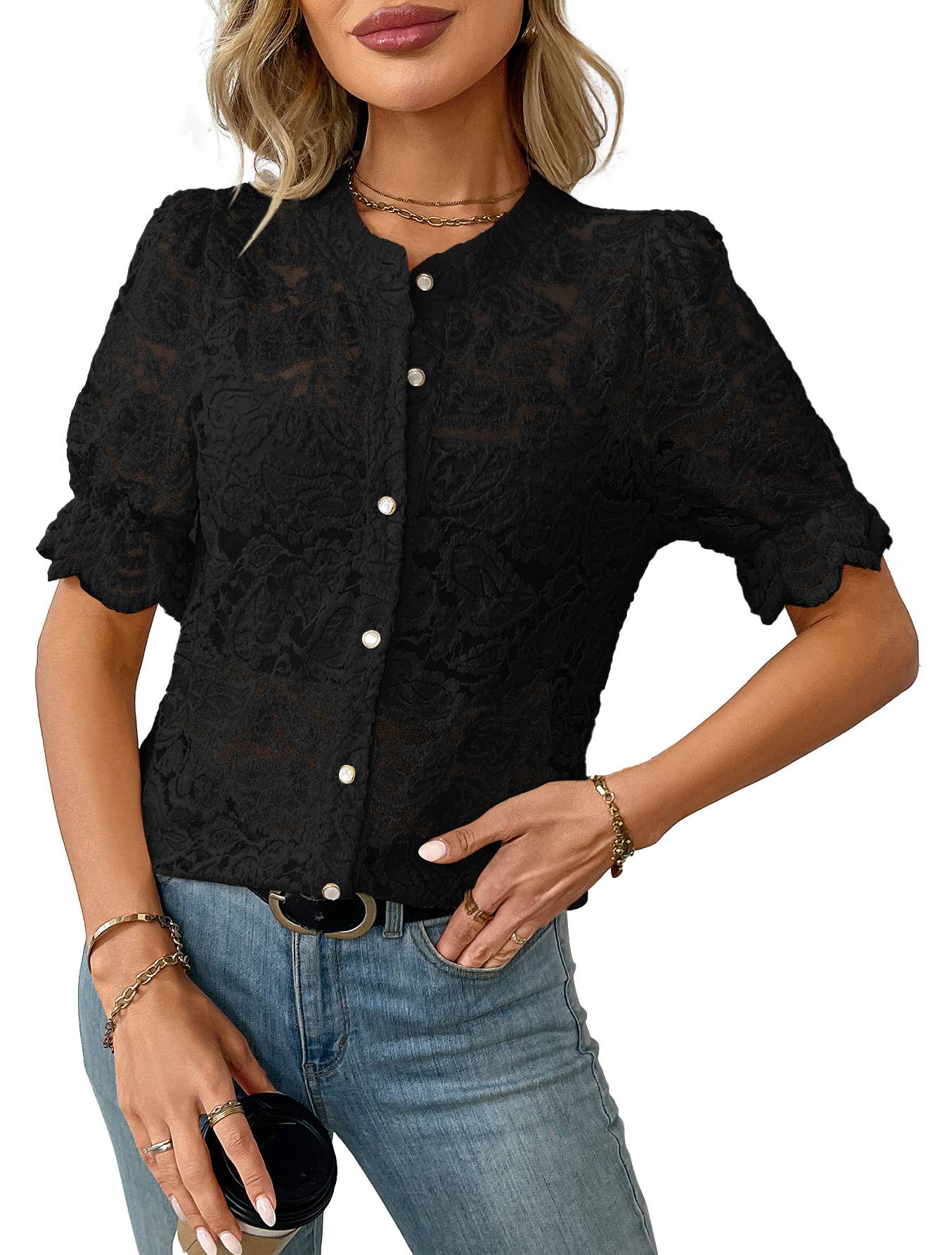 Short Sleeve Lace Button Down Blouse