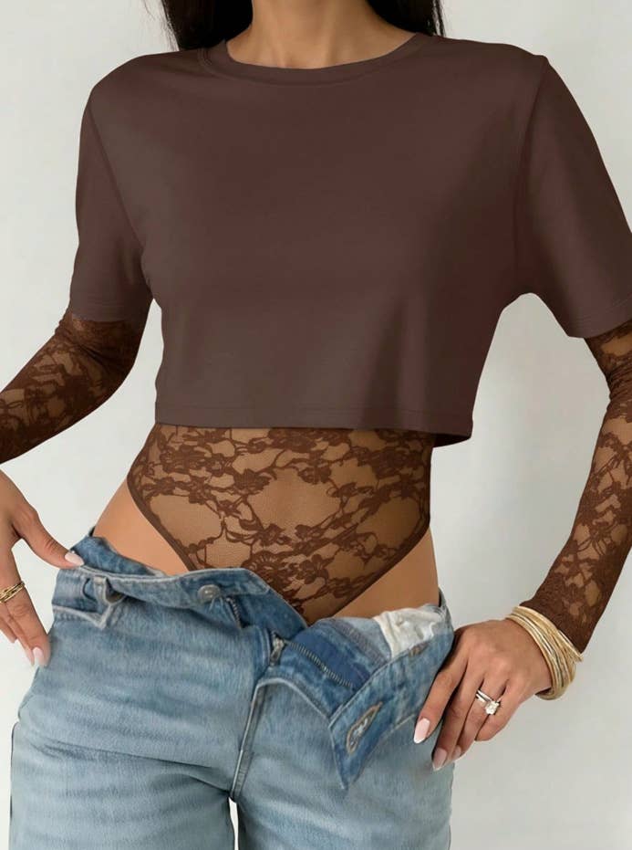 Short Sleeve Lace Patchwork Crop Bodysuit
