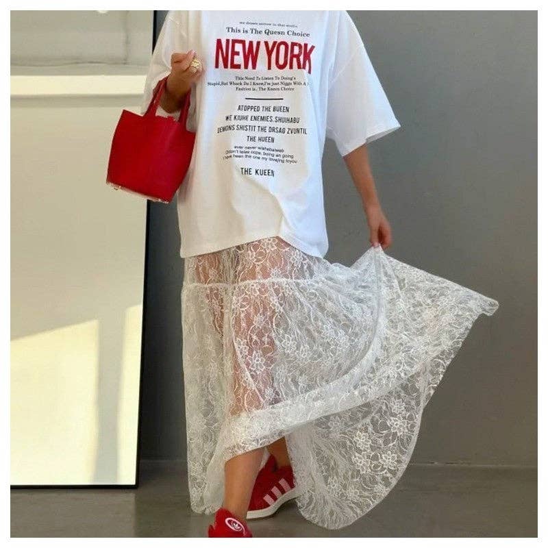 Elegant Lace Floral High-Waisted Midi Skirt