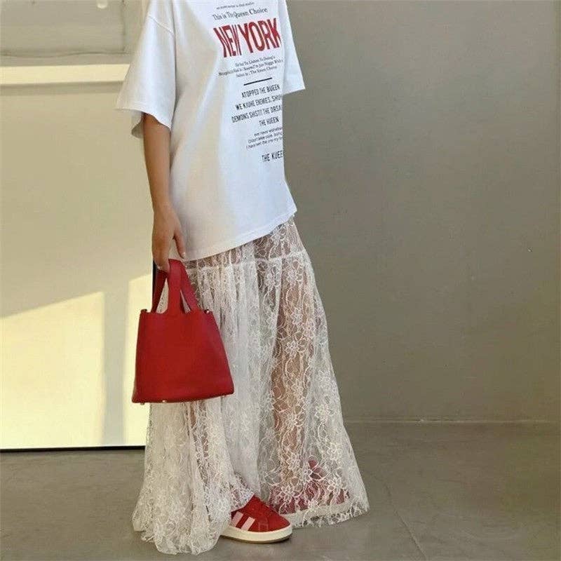 Elegant Lace Floral High-Waisted Midi Skirt